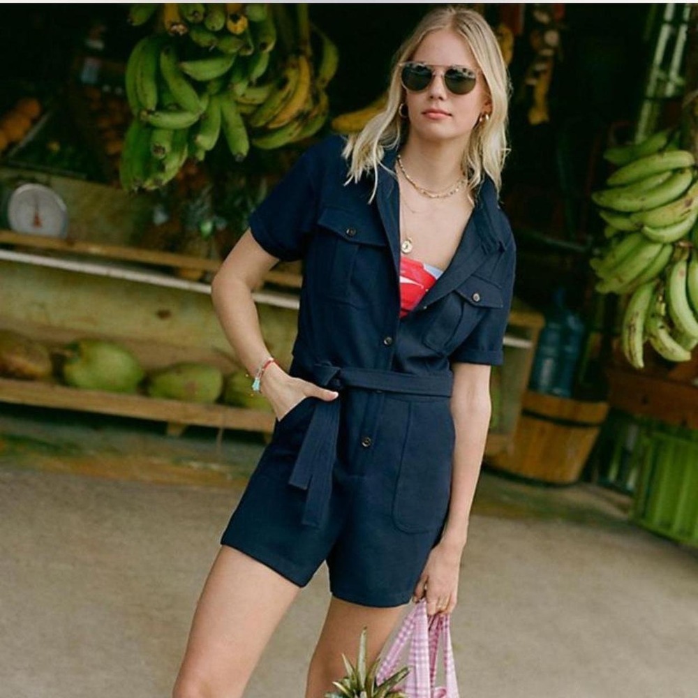 Greylin Romper Women Small Navy Blue Utility Safari Short Sleeve Belted Academia